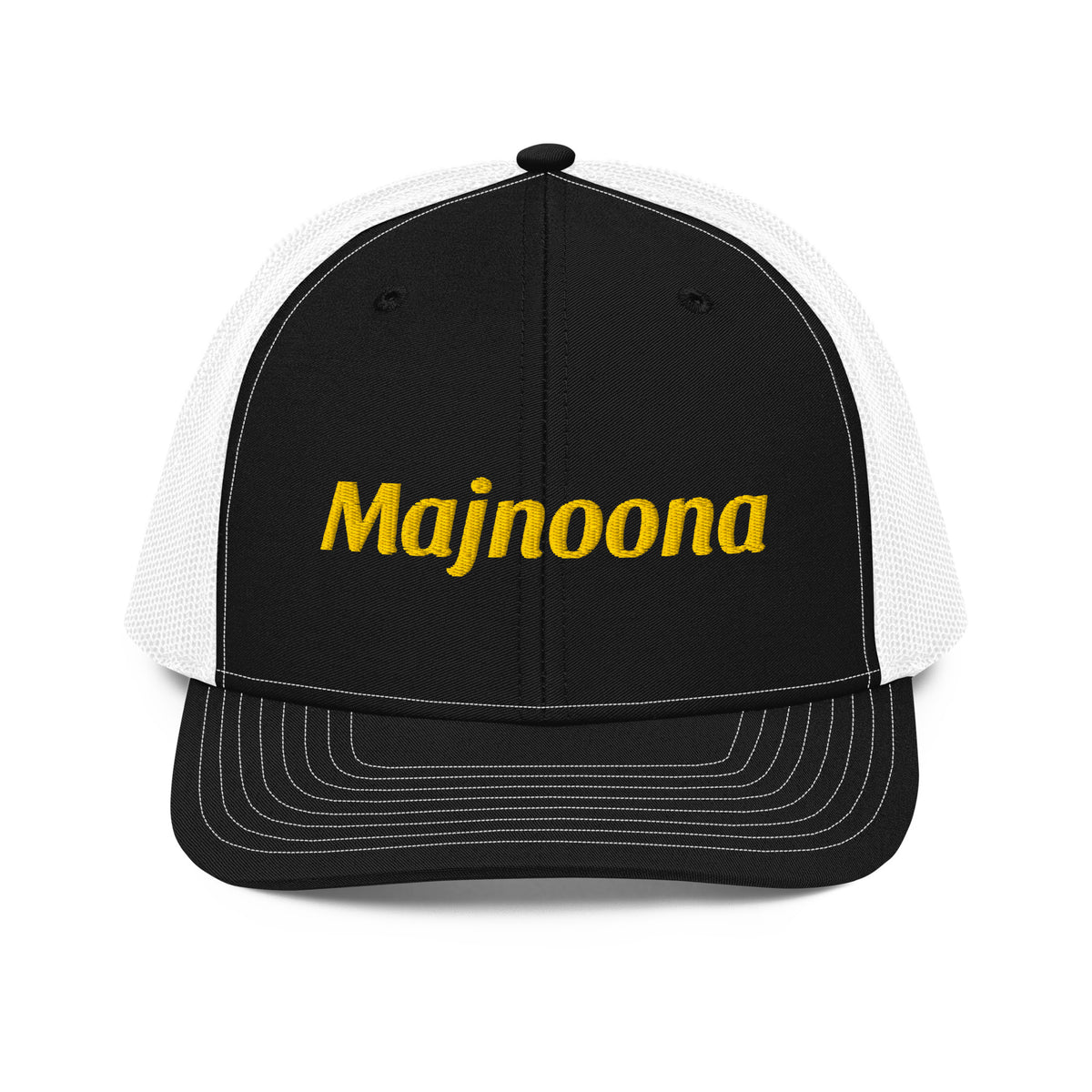Majnoona snapback trucker cap in black and white, front view, Arabic slogan cap by BOSA