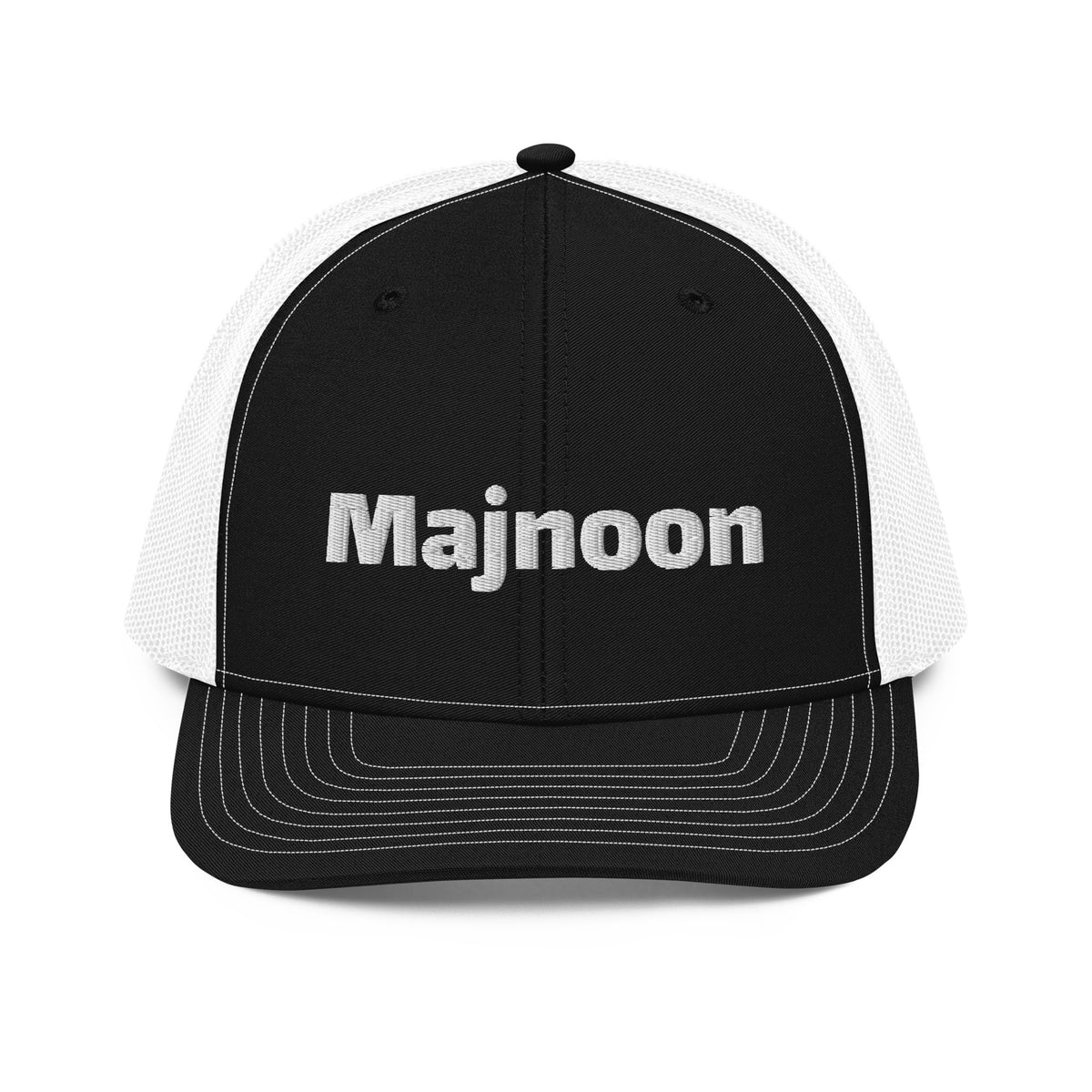 Majnoon snapback trucker cap in black and white, front view, Arabic slogan cap by BOSA
