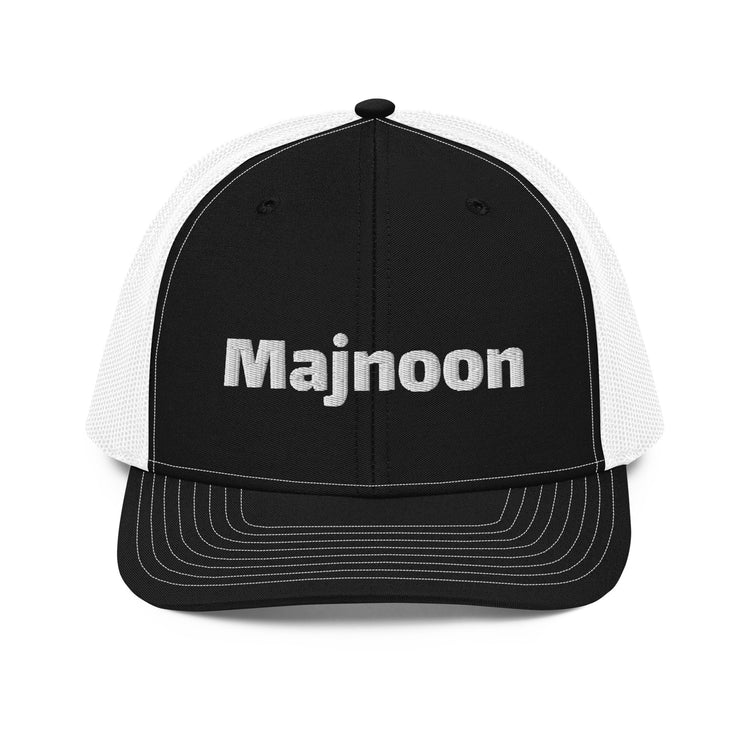 Majnoon snapback trucker cap in black and white, front view, Arabic slogan cap by BOSA