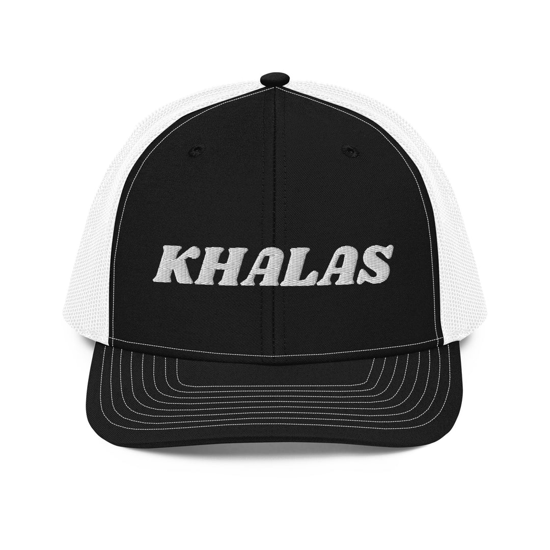 Khalas snapback trucker cap in black and white, front view, Arabic slogan cap by BOSA