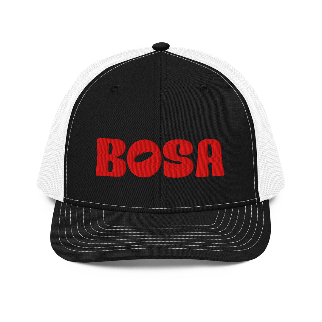 BOSA snapback trucker cap in black and white, front view, Arab streetwear cap by BOSA
