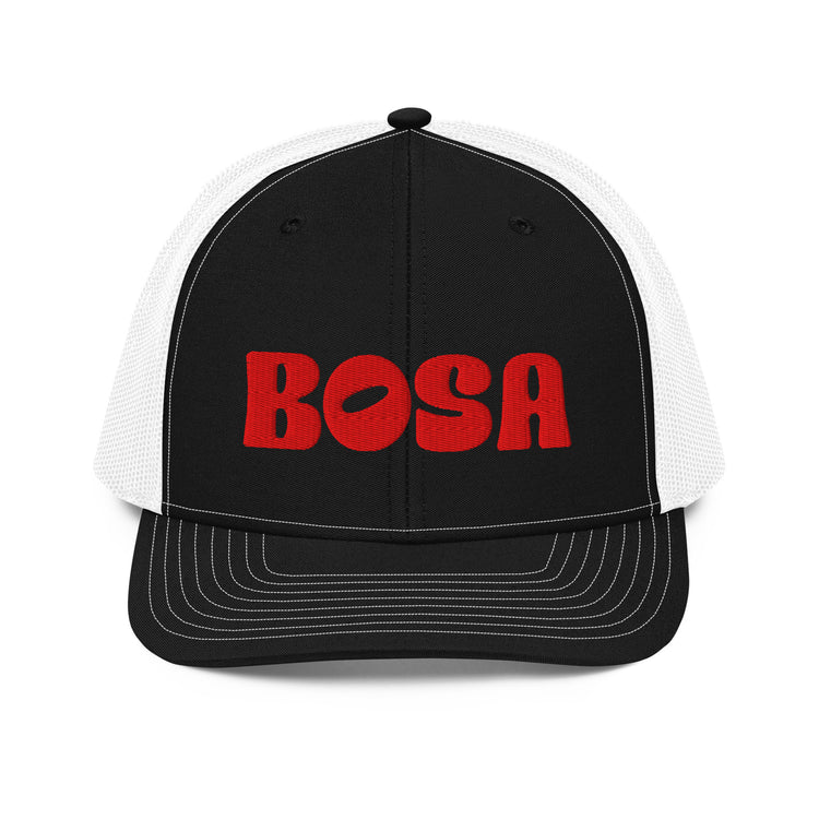 BOSA snapback trucker cap in black and white, front view, Arab streetwear cap by BOSA