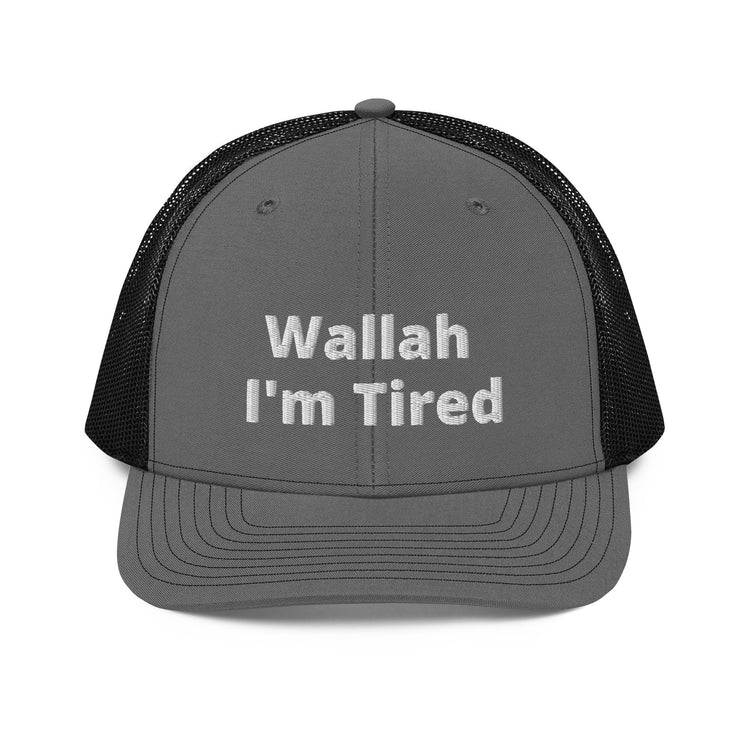 Wallah I'm Tired trucker cap in charcoal and black, front view, Arabic humor snapback by BOSA