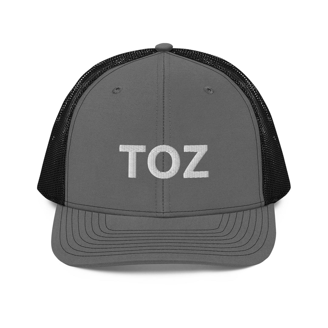 Toz snapback trucker cap in charcoal and black, front angle, Arabic slogan cap by BOSA