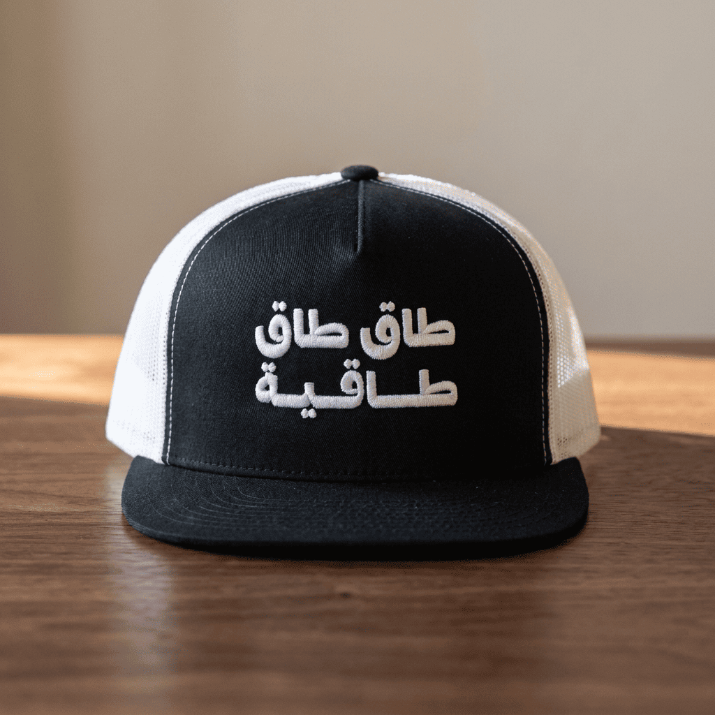 Model wearing Taq Taq Taqiyah trucker cap, side angle, Arabic wordplay headwear by BOSA
