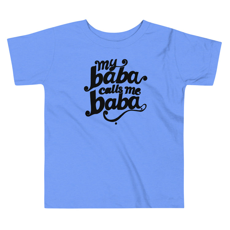 My Baba Calls Me Baba toddler short sleeve tee in heather columbia blue, front view, Arab family toddler clothing by BOSA