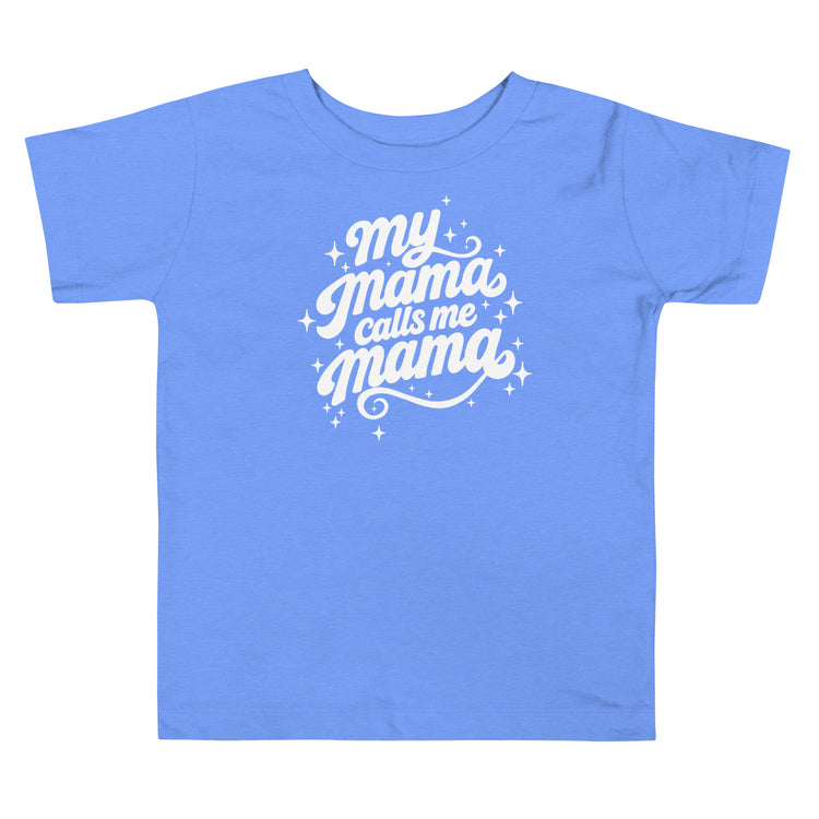 My Mama Calls Me Mama toddler short sleeve tee in heather columbia blue, front view, Arab family toddler clothing by BOSA