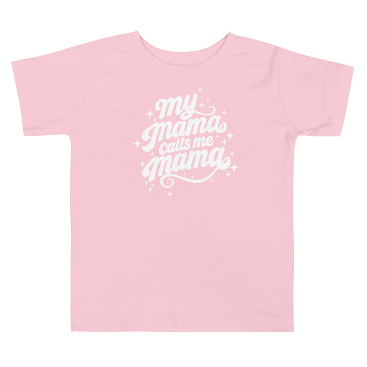 My Mama Calls Me Mama toddler short sleeve tee in pink, front view, Arab family toddler clothing by BOSA