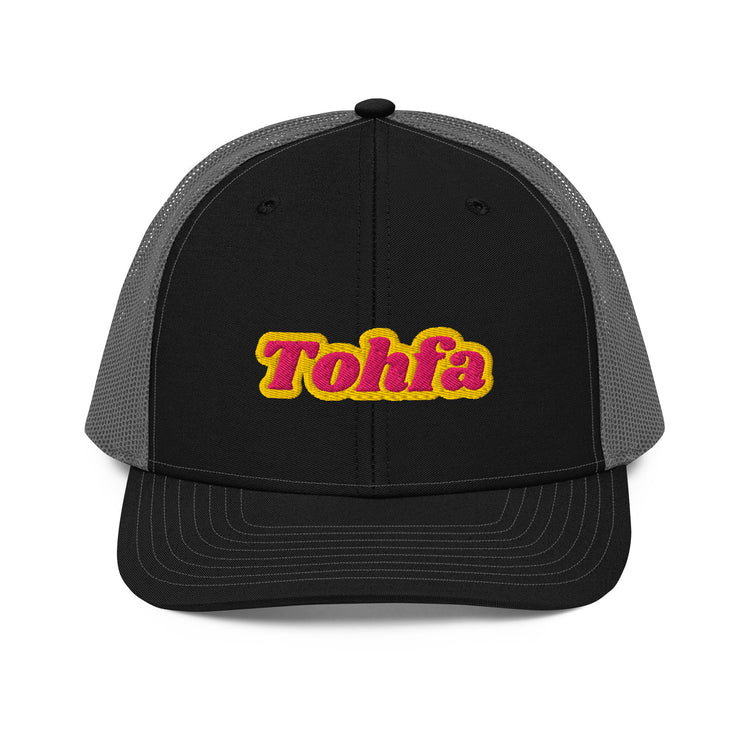 Tohfa snapback trucker cap in black and charcoal, front view, Arabic slogan cap by BOSA