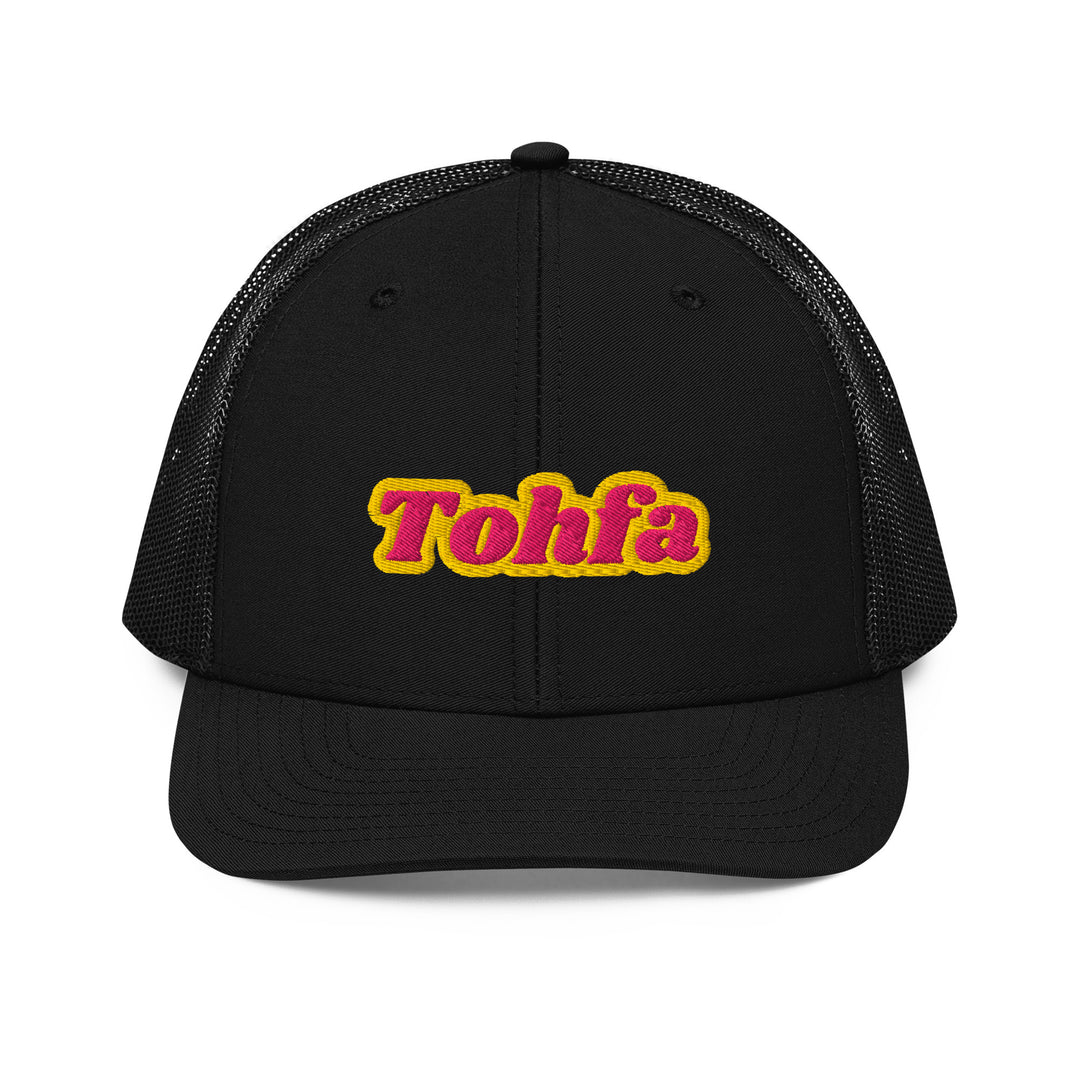 Tohfa snapback trucker cap in black, front view, Arabic slogan cap by BOSA