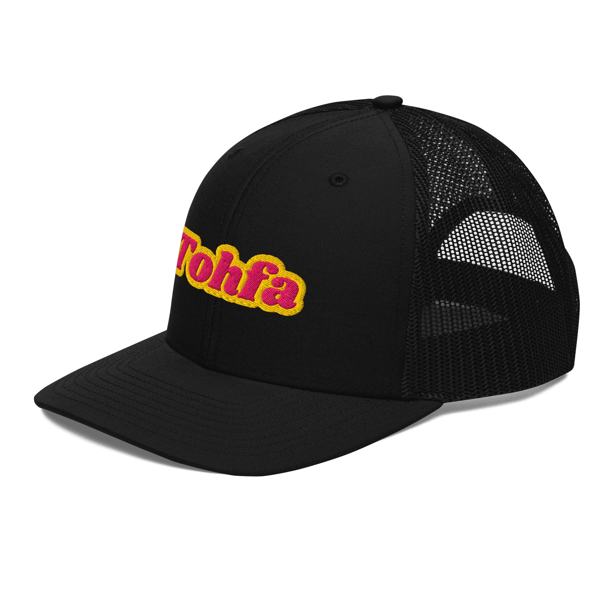 Tohfa snapback trucker cap in black, side angle, Arabic slogan cap by BOSA