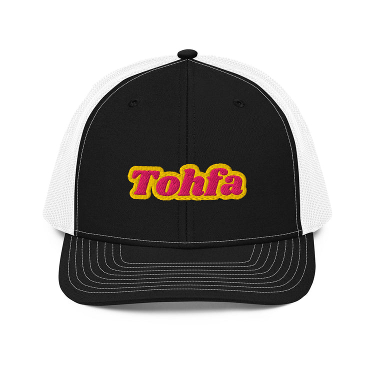 Tohfa snapback trucker cap in black and white, front view, Arabic slogan cap by BOSA