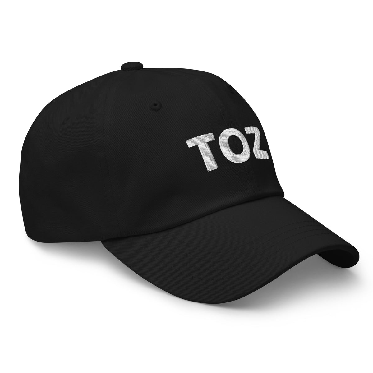 Toz embroidered dad hat in black, angled front view, Arabic slogan cap by BOSA