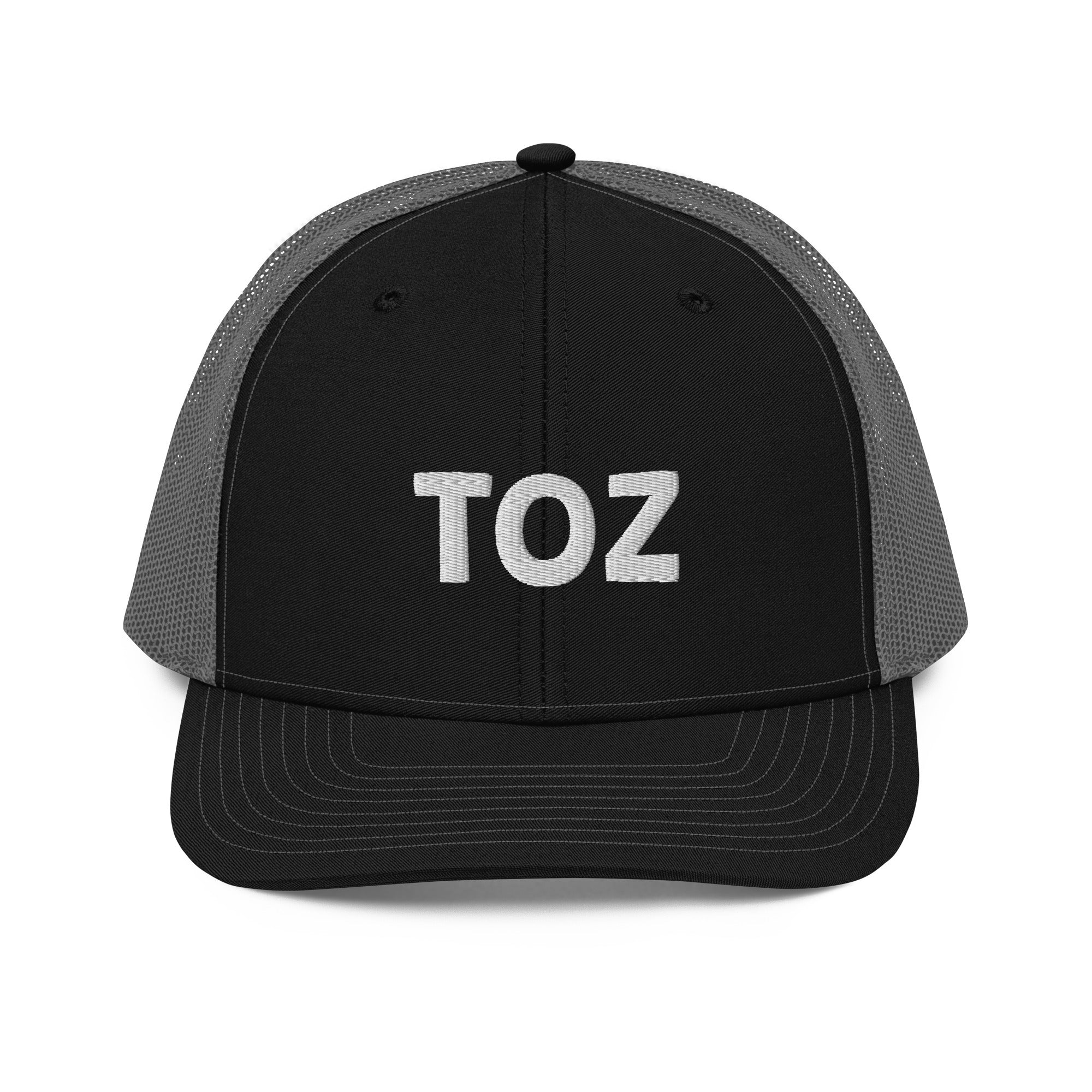 Toz snapback trucker cap in black and charcoal, front view, Arabic slogan cap by BOSA