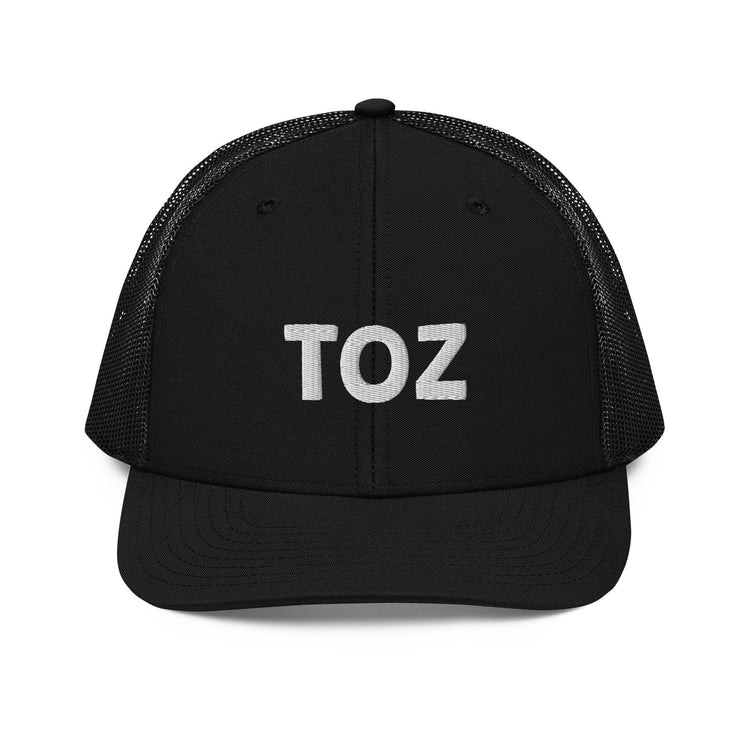 Toz snapback trucker cap in black, front view, Arabic slogan cap by BOSA