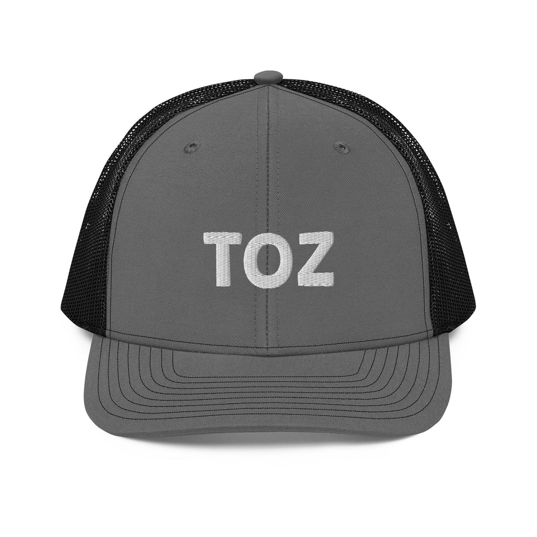 Toz snapback trucker cap in charcoal and black, front view, Arabic slogan cap by BOSA