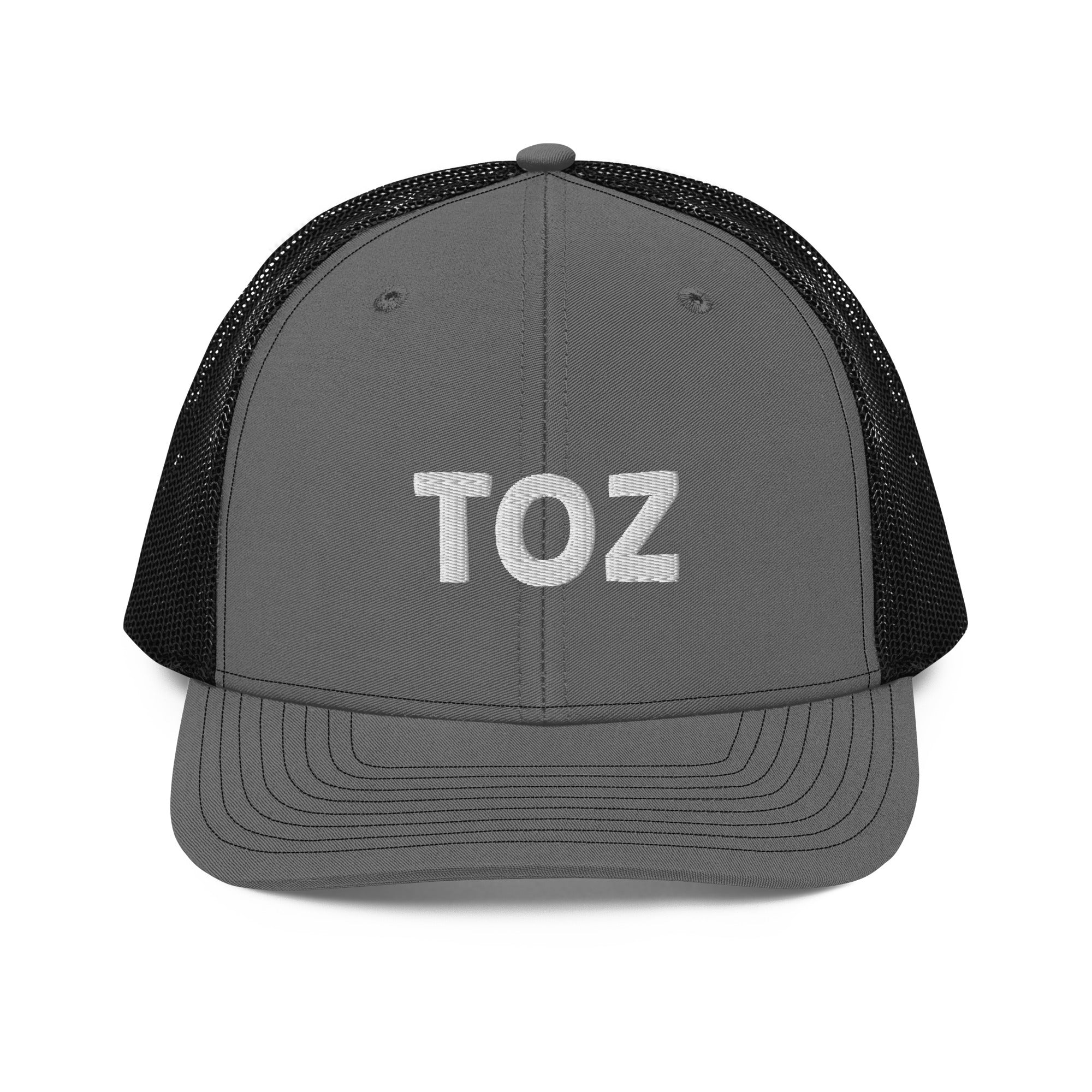 Toz snapback trucker cap in charcoal and black, front view, Arabic slogan cap by BOSA