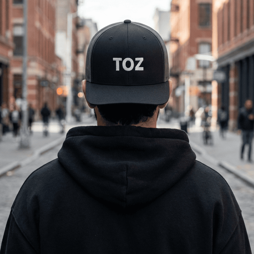 Toz trucker cap embroidery detail, Arabic slogan headwear by BOSA