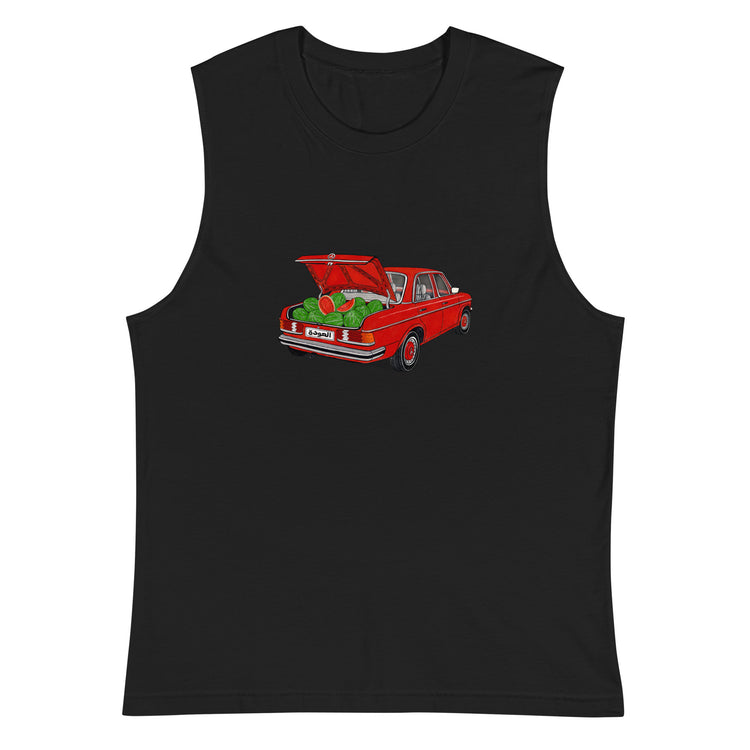 Awda watermelon muscle tank top in black, front view, Palestinian heritage streetwear by BOSA