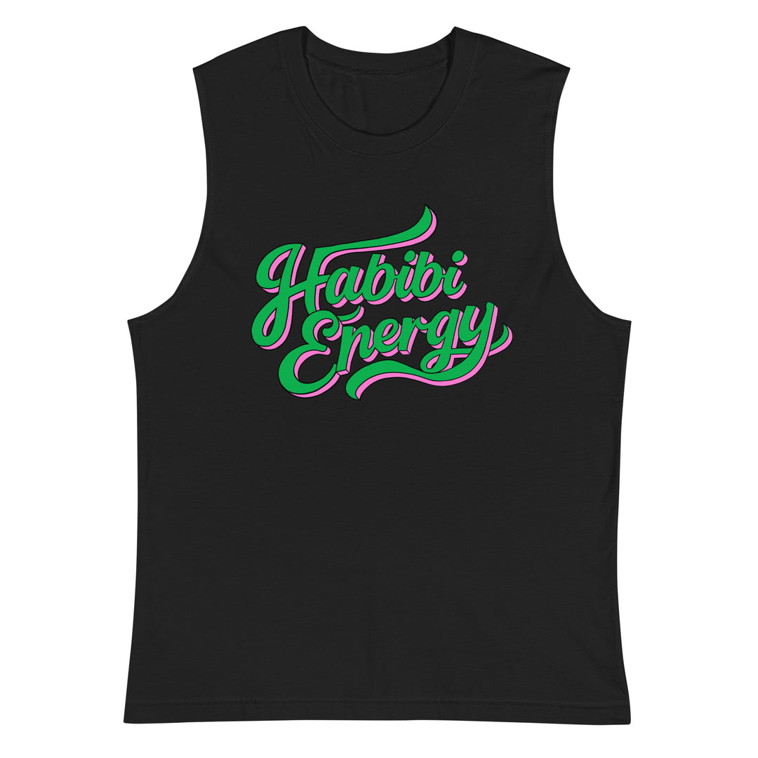 Habibi Energy muscle tank top in black, front view, Arabic slogan streetwear by BOSA