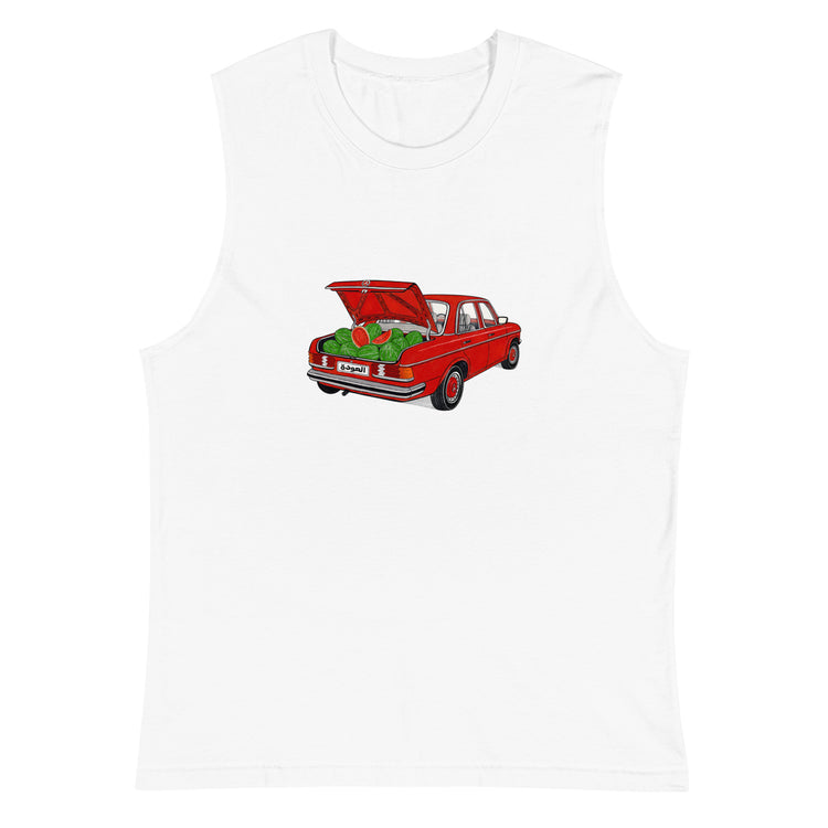 Awda watermelon muscle tank top in white, front view, Palestinian heritage streetwear by BOSA