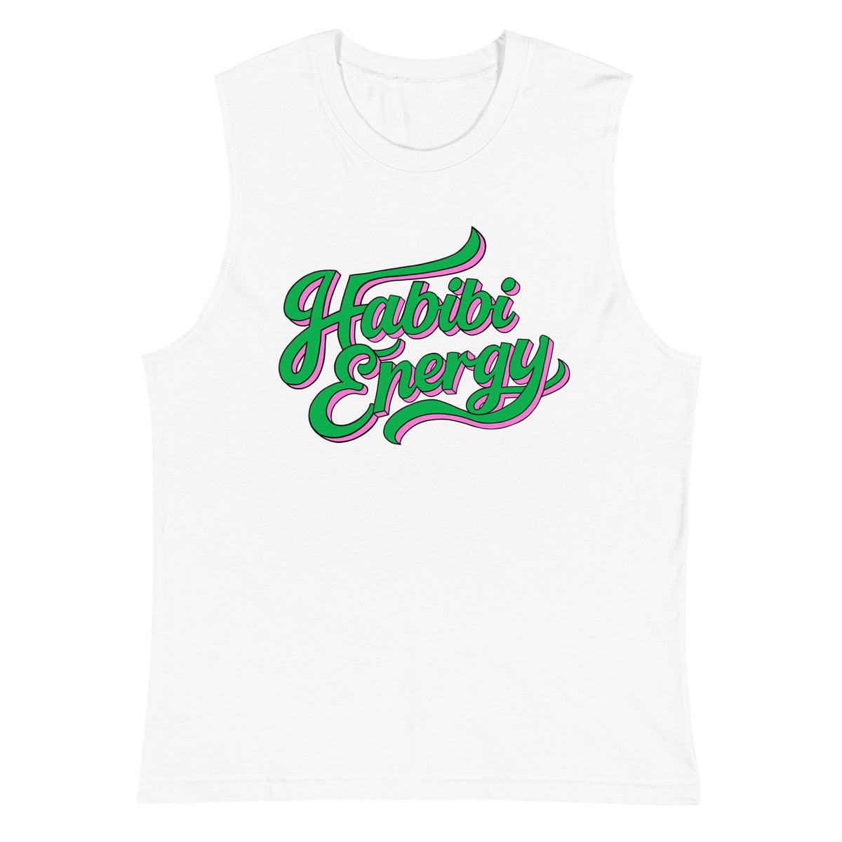 Habibi Energy muscle tank top in white, front view, Arabic slogan streetwear by BOSA