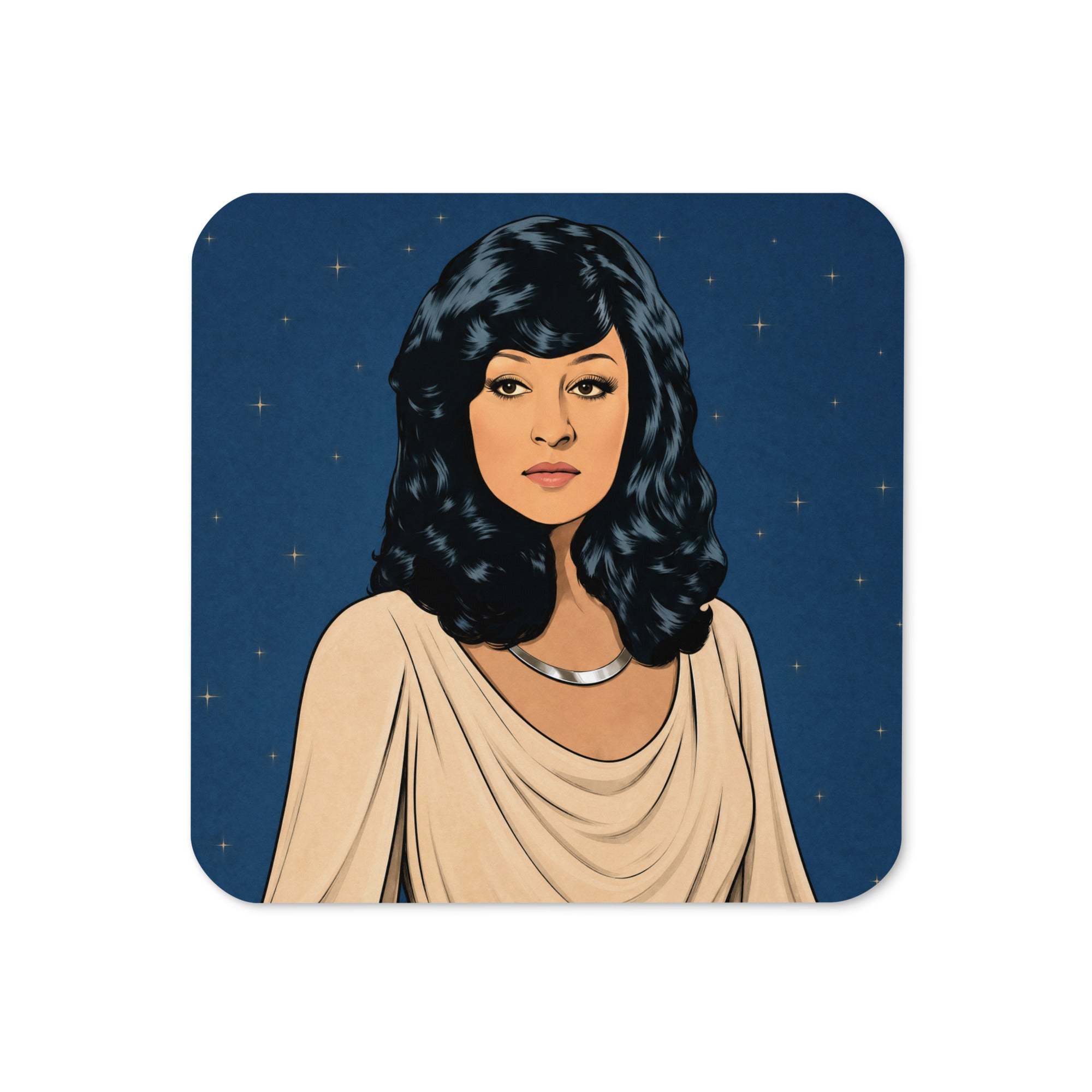Warda Al-Jazairia cork-back coaster, Arab music legend illustration by BOSA