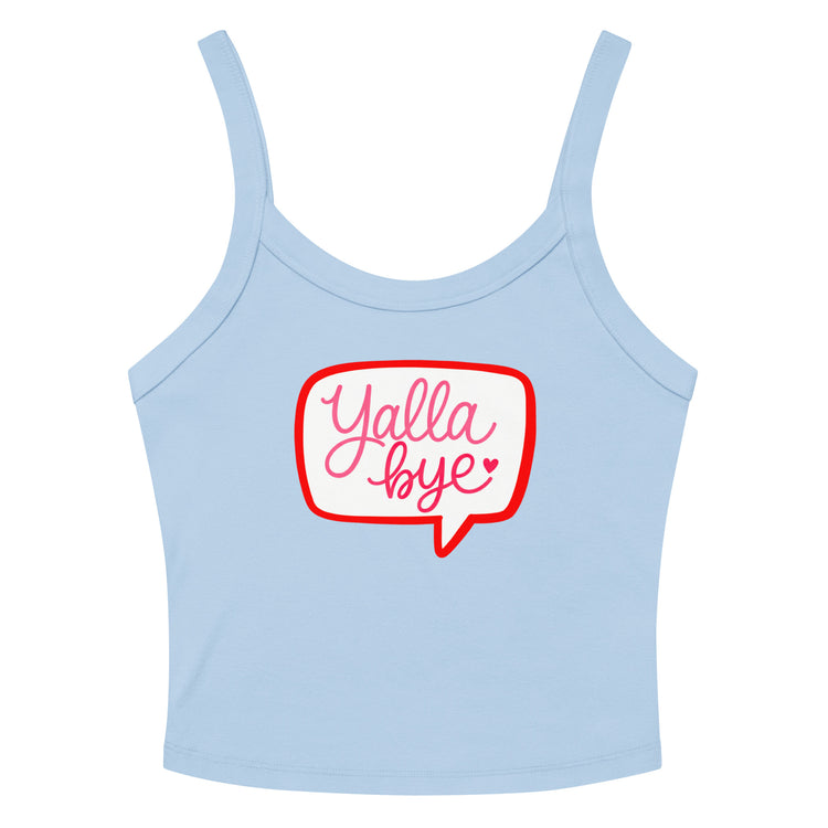 Yalla Bye women's micro-rib tank top in light blue, front view, Arabic slogan apparel by BOSA