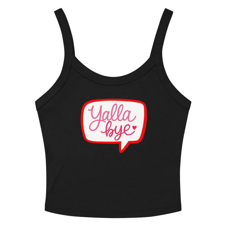 Yalla Bye women's micro-rib tank top in black, front view, Arabic slogan apparel by BOSA