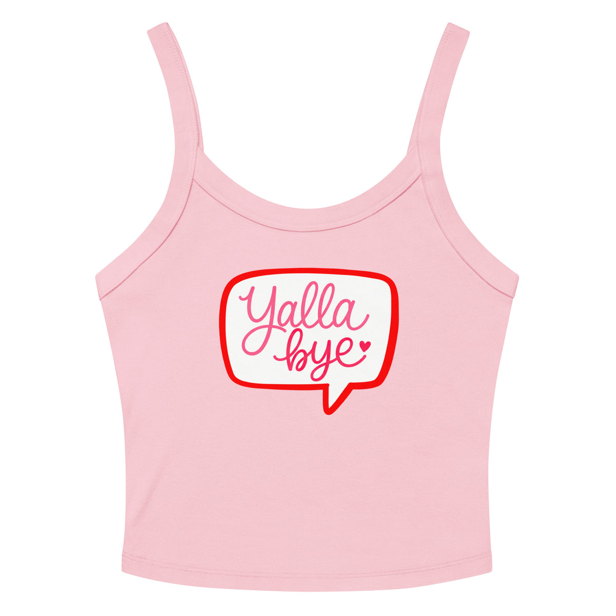 Yalla Bye women's micro-rib tank top in pink, front view, Arabic slogan apparel by BOSA