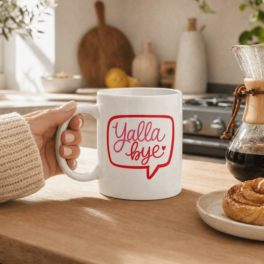 Yalla Bye ceramic mug, Arabic slogan gift by BOSA