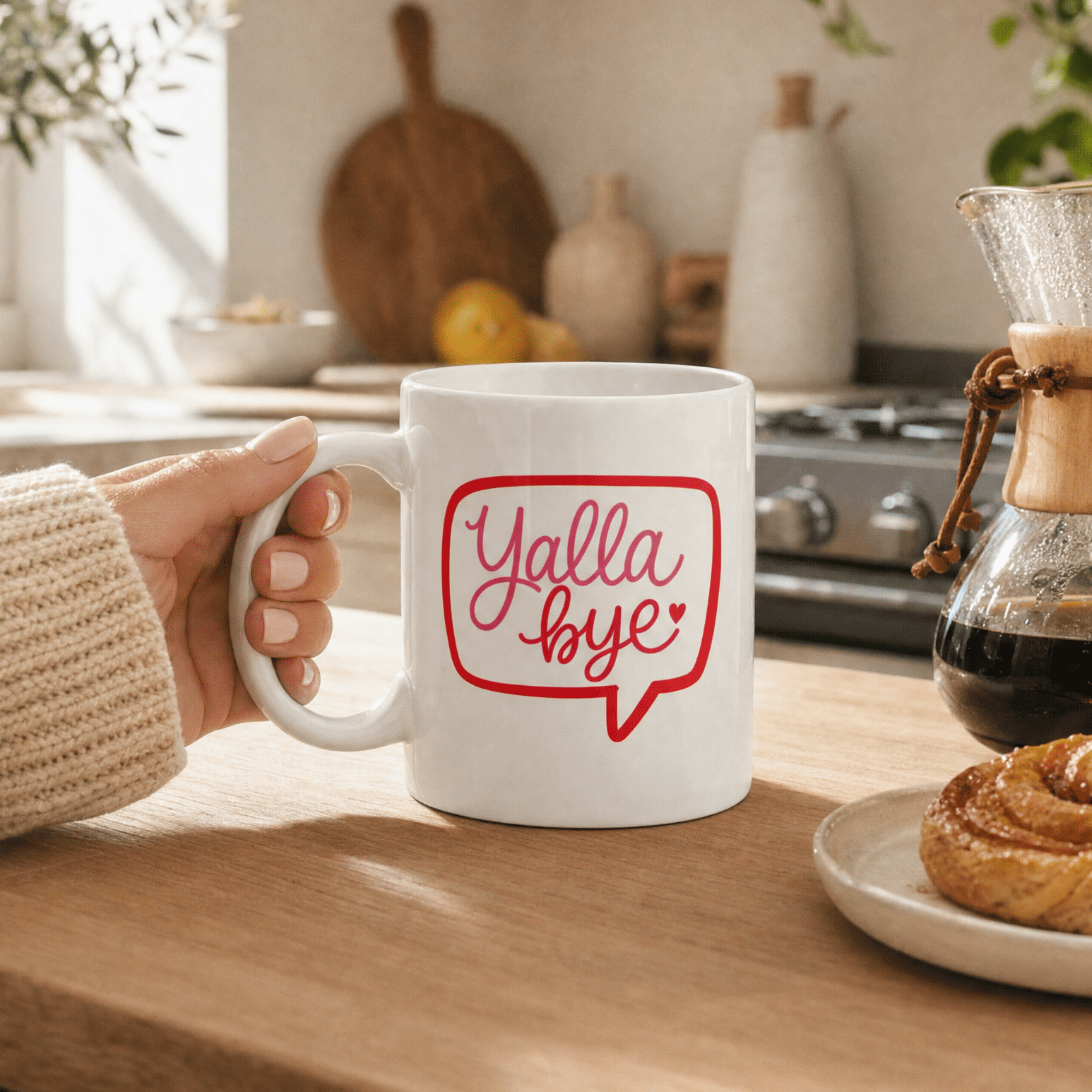 Yalla Bye ceramic mug, Arabic slogan gift by BOSA
