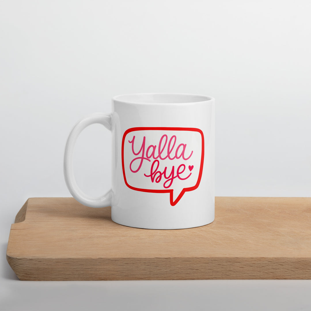 Yalla Bye white glossy mug, 11 oz, Arabic slogan gift by BOSA