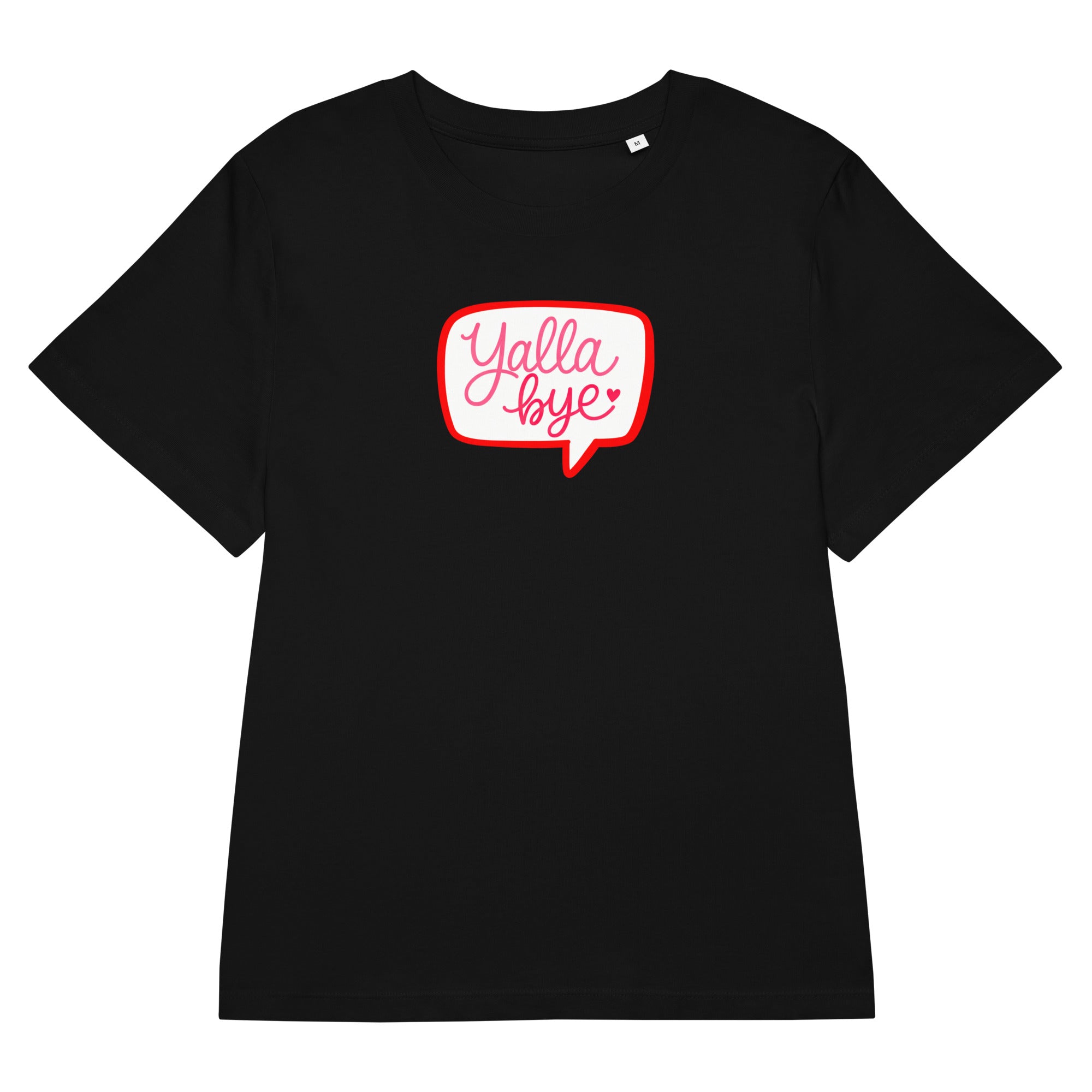 Yalla Bye women's organic ribbed neck t-shirt in black, front view, Arabic slogan apparel by BOSA
