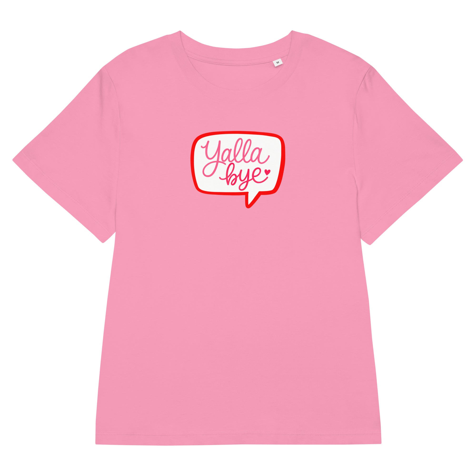 Yalla Bye women's organic ribbed neck t-shirt in bubble pink, front view, Arabic slogan apparel by BOSA