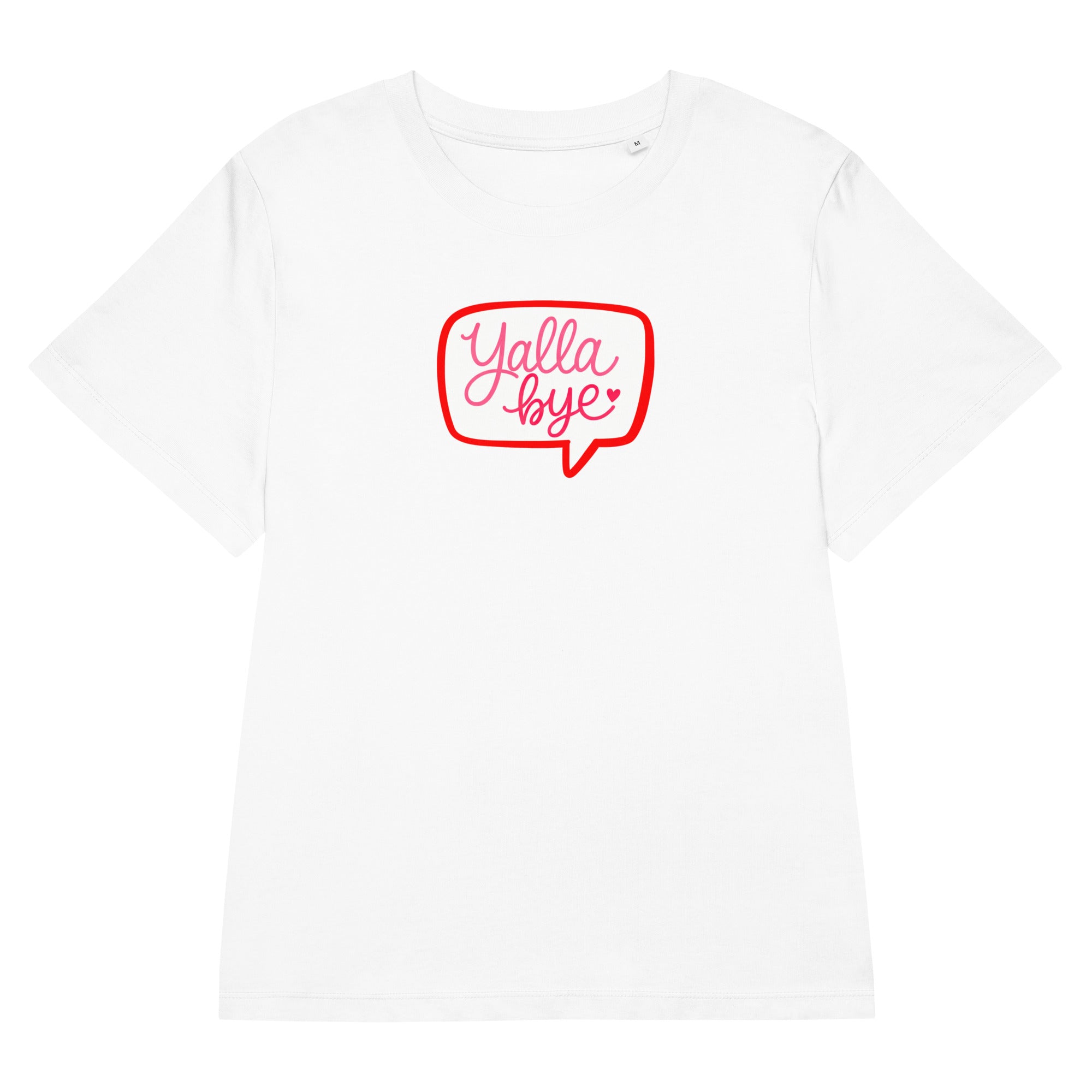 Yalla Bye women's organic ribbed neck t-shirt in white, front view, Arabic slogan apparel by BOSA