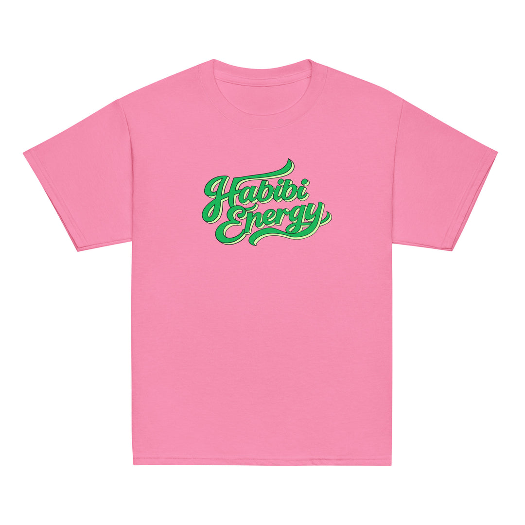 Habibi Energy classic youth tee in azalea pink, front view, Arabic slogan kids clothing by BOSA