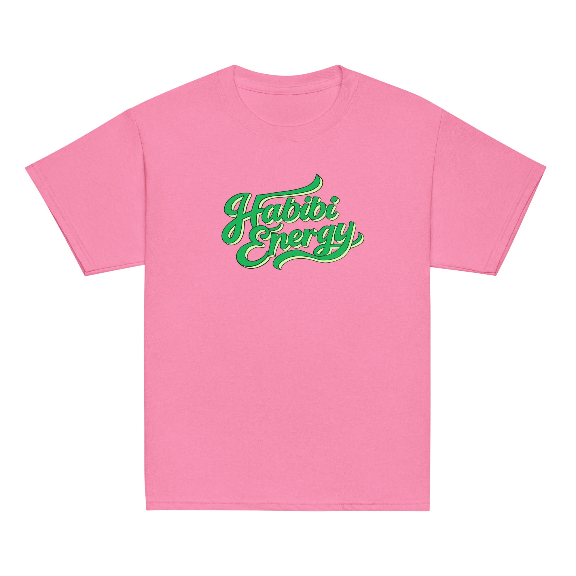 Habibi Energy classic youth tee in azalea pink, front view, Arabic slogan kids clothing by BOSA
