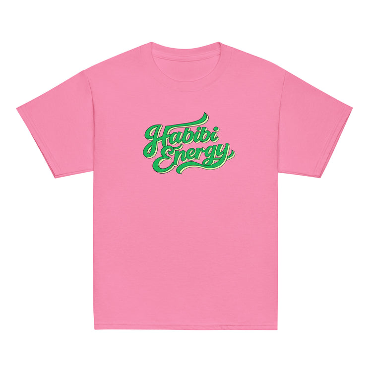 Habibi Energy classic youth tee in azalea pink, front view, Arabic slogan kids clothing by BOSA