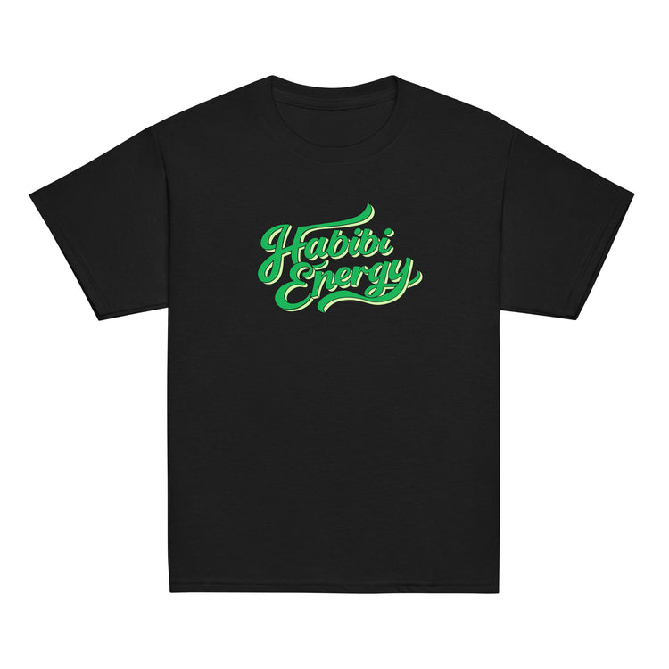 Habibi Energy classic youth tee in black, front view, Arabic slogan kids clothing by BOSA