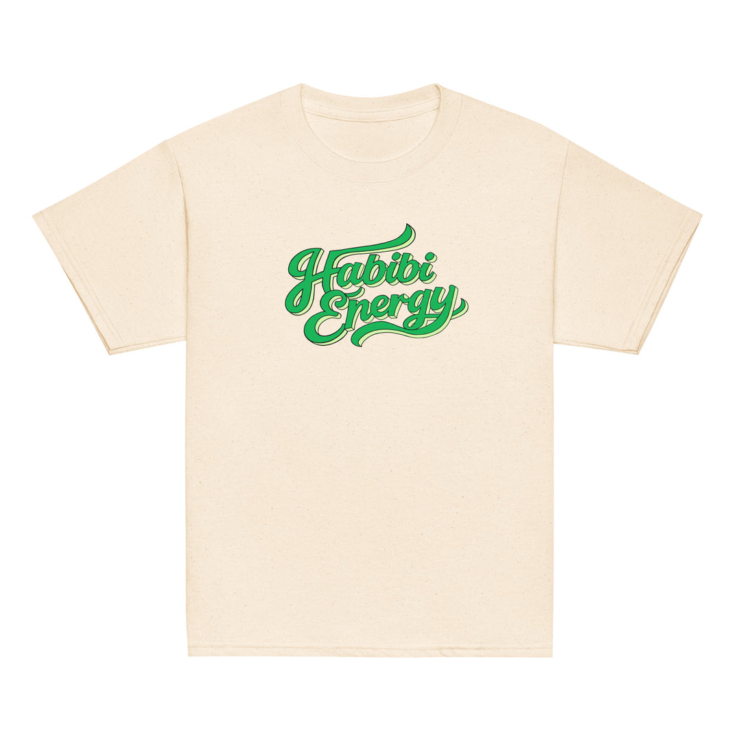Habibi Energy classic youth tee in natural, front view, Arabic slogan kids clothing by BOSA