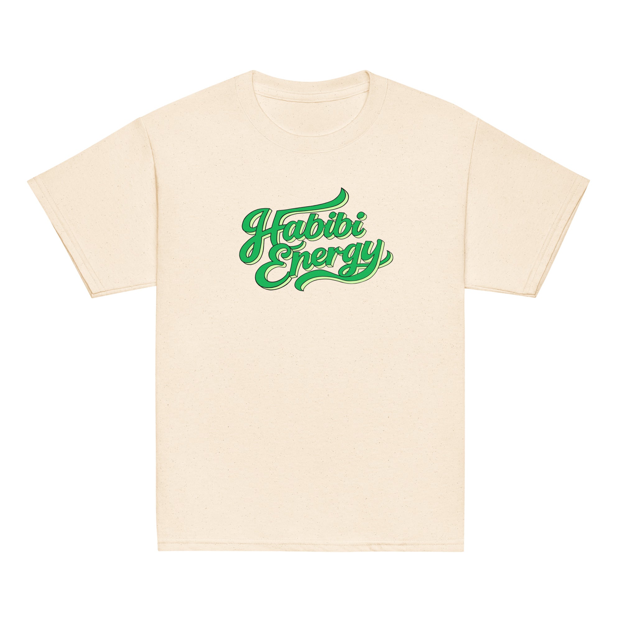Habibi Energy classic youth tee in natural, front view, Arabic slogan kids clothing by BOSA