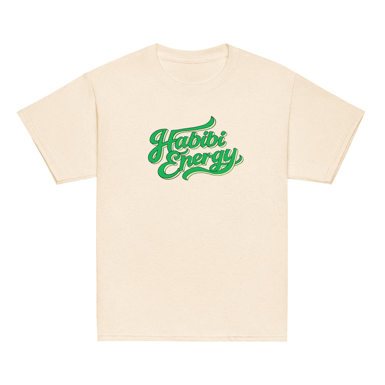 Habibi Energy classic youth tee in natural, front view, Arabic slogan kids clothing by BOSA