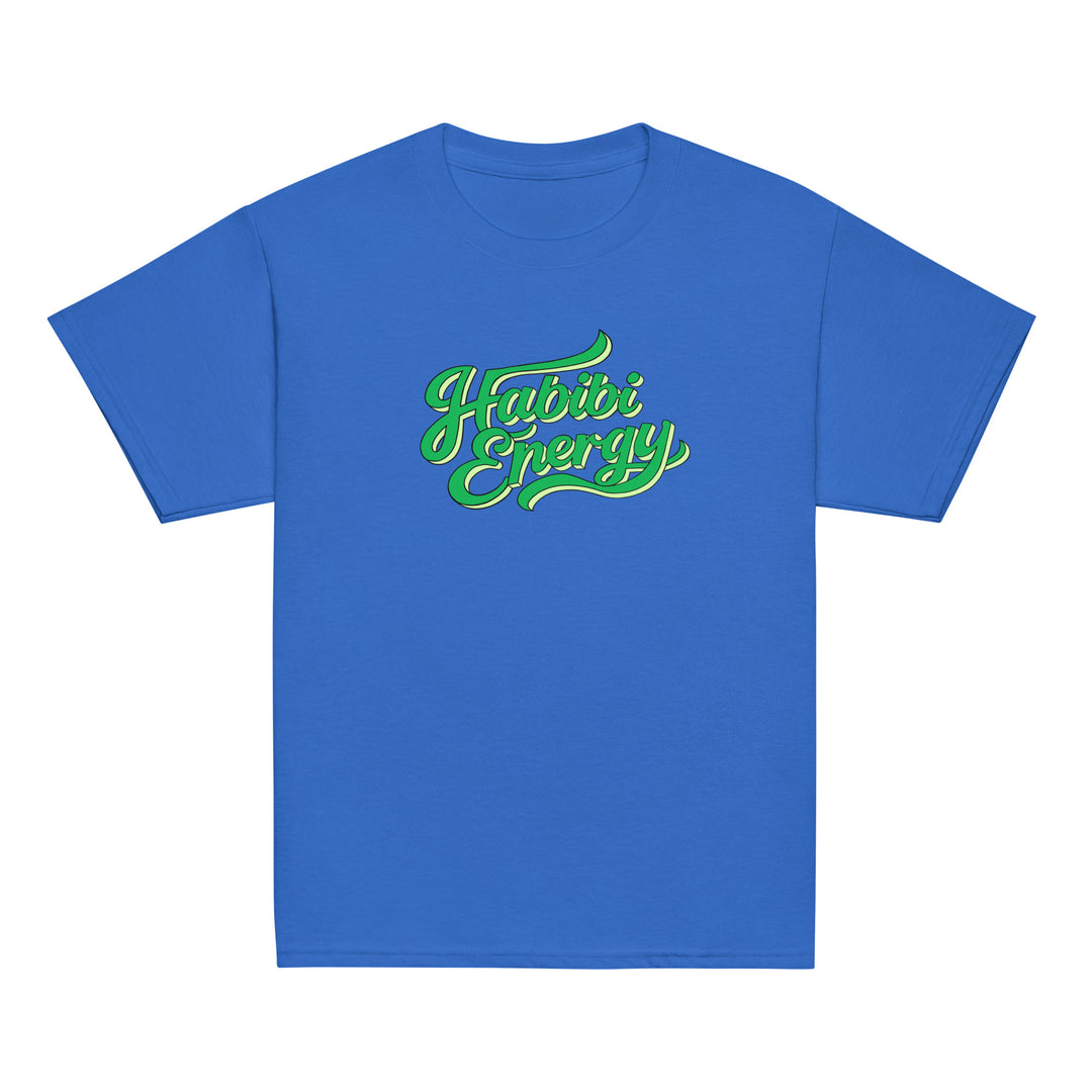 Habibi Energy classic youth tee in royal blue, front view, Arabic slogan kids clothing by BOSA