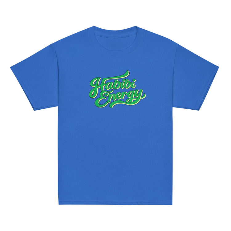 Habibi Energy classic youth tee in royal blue, front view, Arabic slogan kids clothing by BOSA