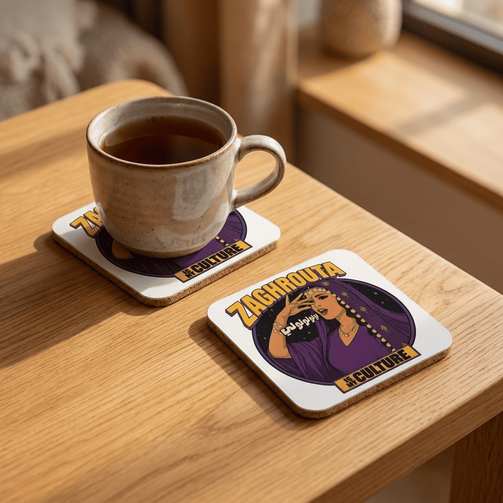 Zaghrouta cork-back coaster, styled view, Arab celebration home decor by BOSA