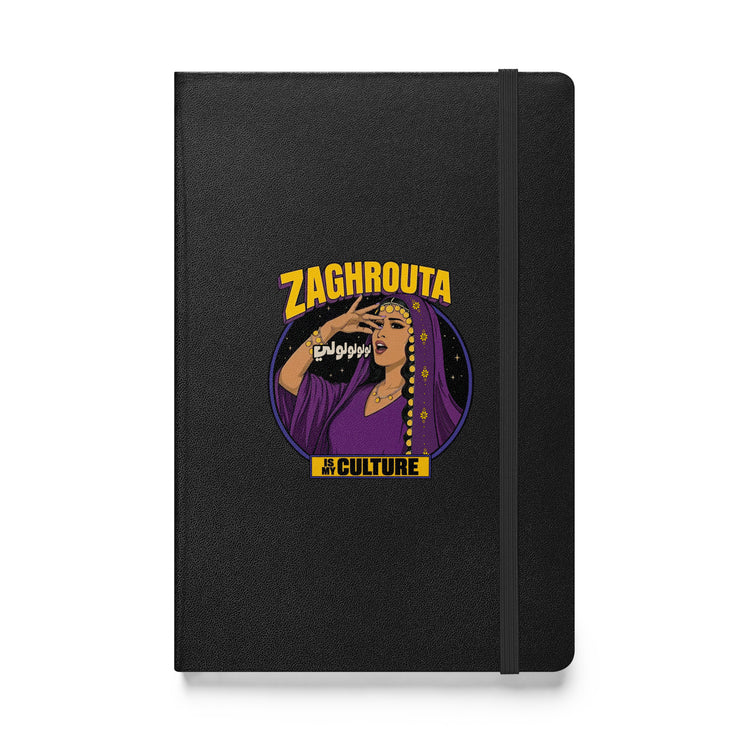 Zaghrouta hardcover bound notebook in black, front view, Arab celebration stationery by BOSA