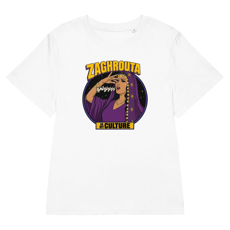 Zaghrouta women's organic ribbed neck t-shirt in white, front view, Arab celebration apparel by BOSA